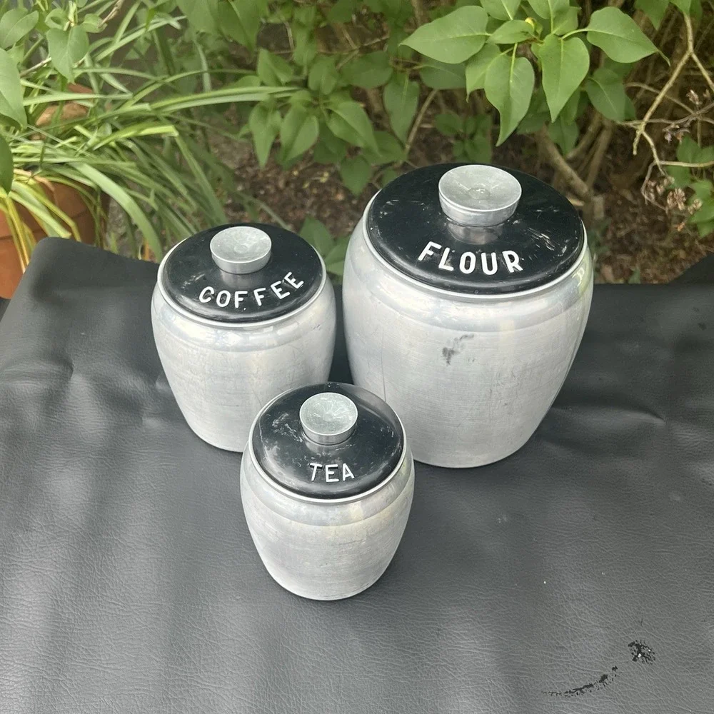 Vtg Kromex 3 Canister Spun Aluminum Flour Coffee Tea - Retro Kitchen Set w/lids
